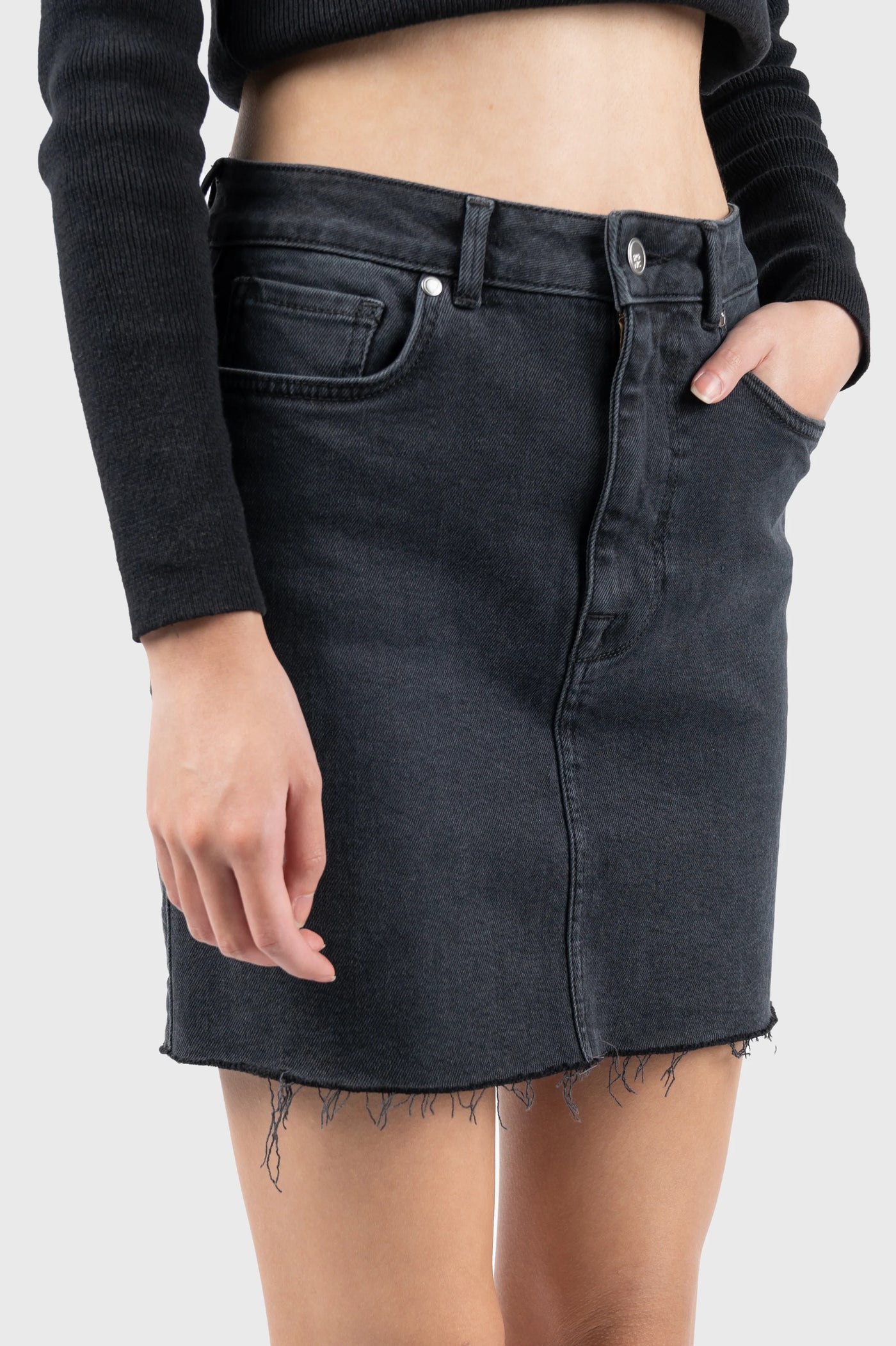 High Rise Raw Hem Denim Skirt